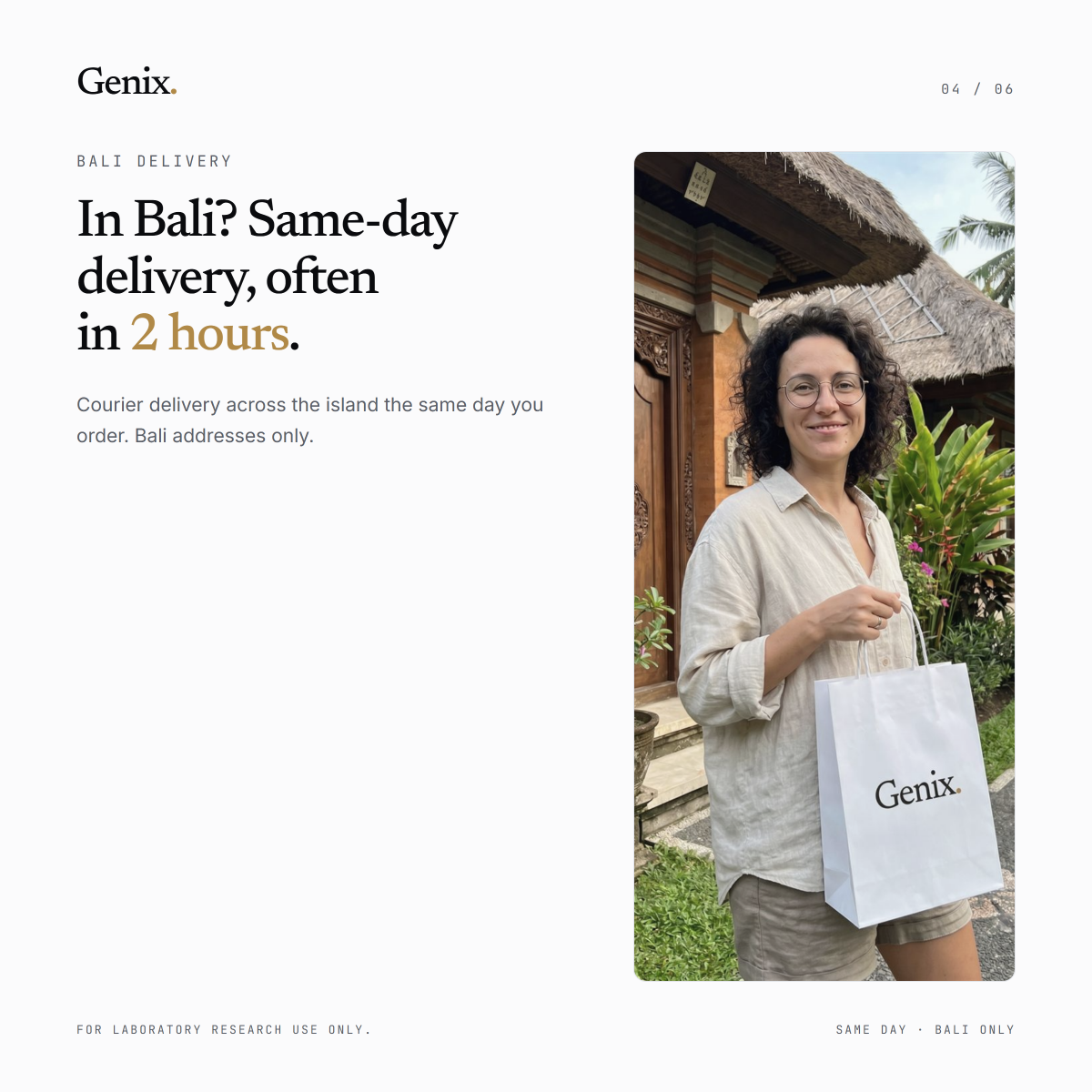 Genix info card: same-day delivery in Bali