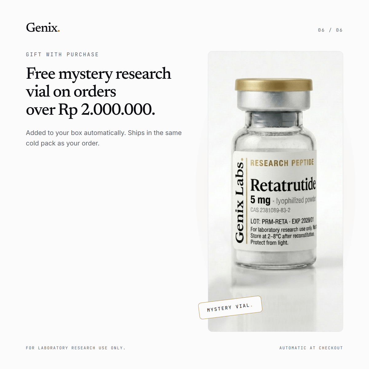 Genix info card: free mystery research vial on orders over Rp 2.000.000